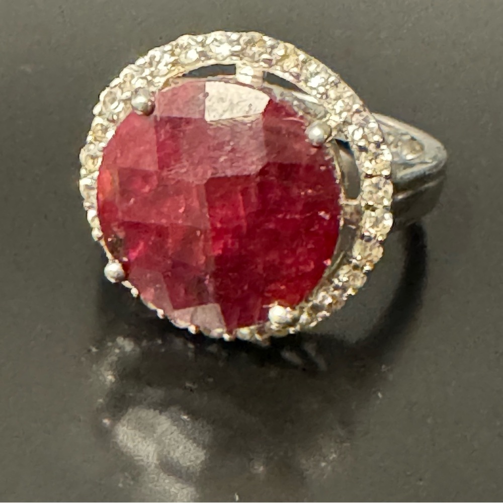 Large Faceted Ruby Sterling Silver Ring with White Topaz Halo